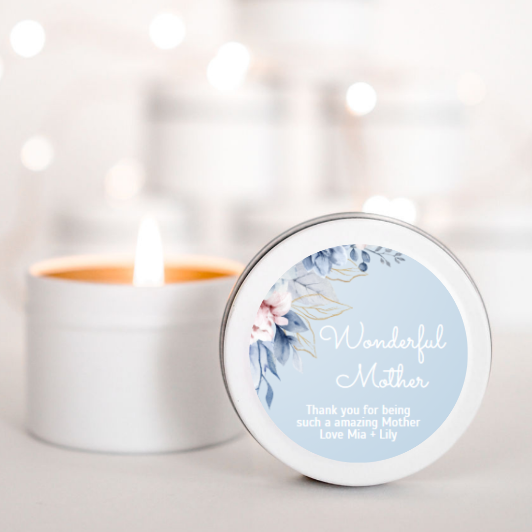 Personalised Mother’s Day Candle – Wonderful Mother on soft blue background with blue and purple flowers