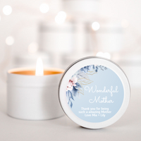 Personalised Mother’s Day Candle – Wonderful Mother on soft blue background with blue and purple flowers