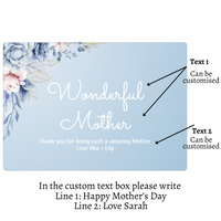 Personalised Mother’s Day Tin Candle – Wonderful Mother on soft blue background with blue and purple flowers