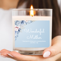 Personalised Mother’s Day Candle – Wonderful Mother on soft blue background with blue and purple flowers