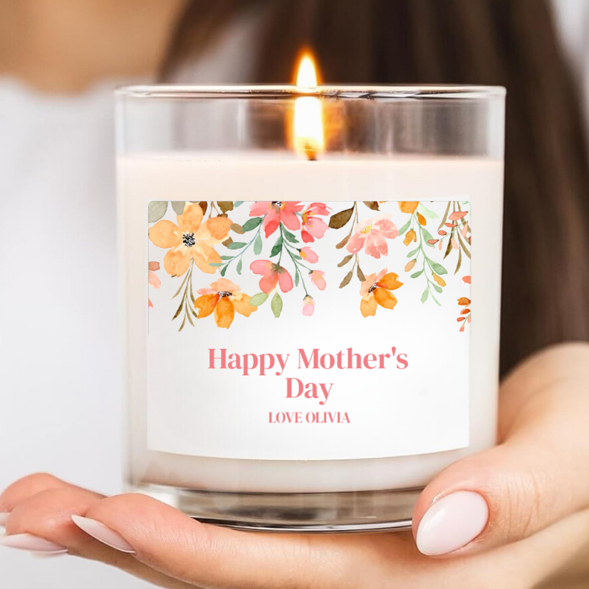 Personalised Mother’s Day Candle – Pink Watercolor Flowers Happy Mothers Day
