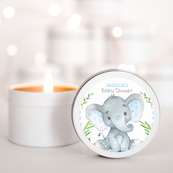 Baby Shower Candle favour with Blue Baby elephant and flowers