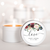 Love Burgundy Navy Floral Wedding personalised candle favour