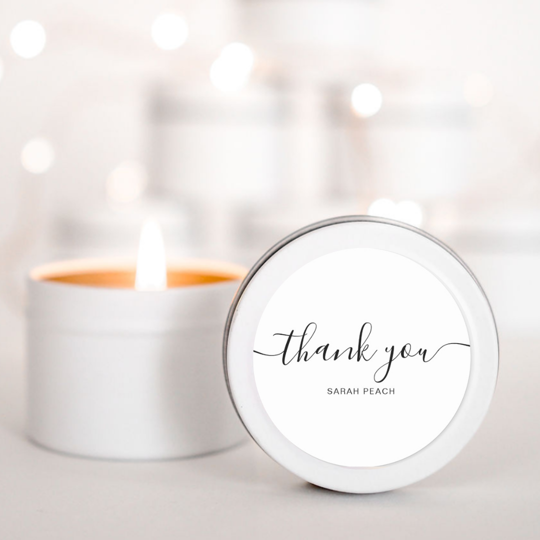 Simple Black + White thank you personalised candle favour