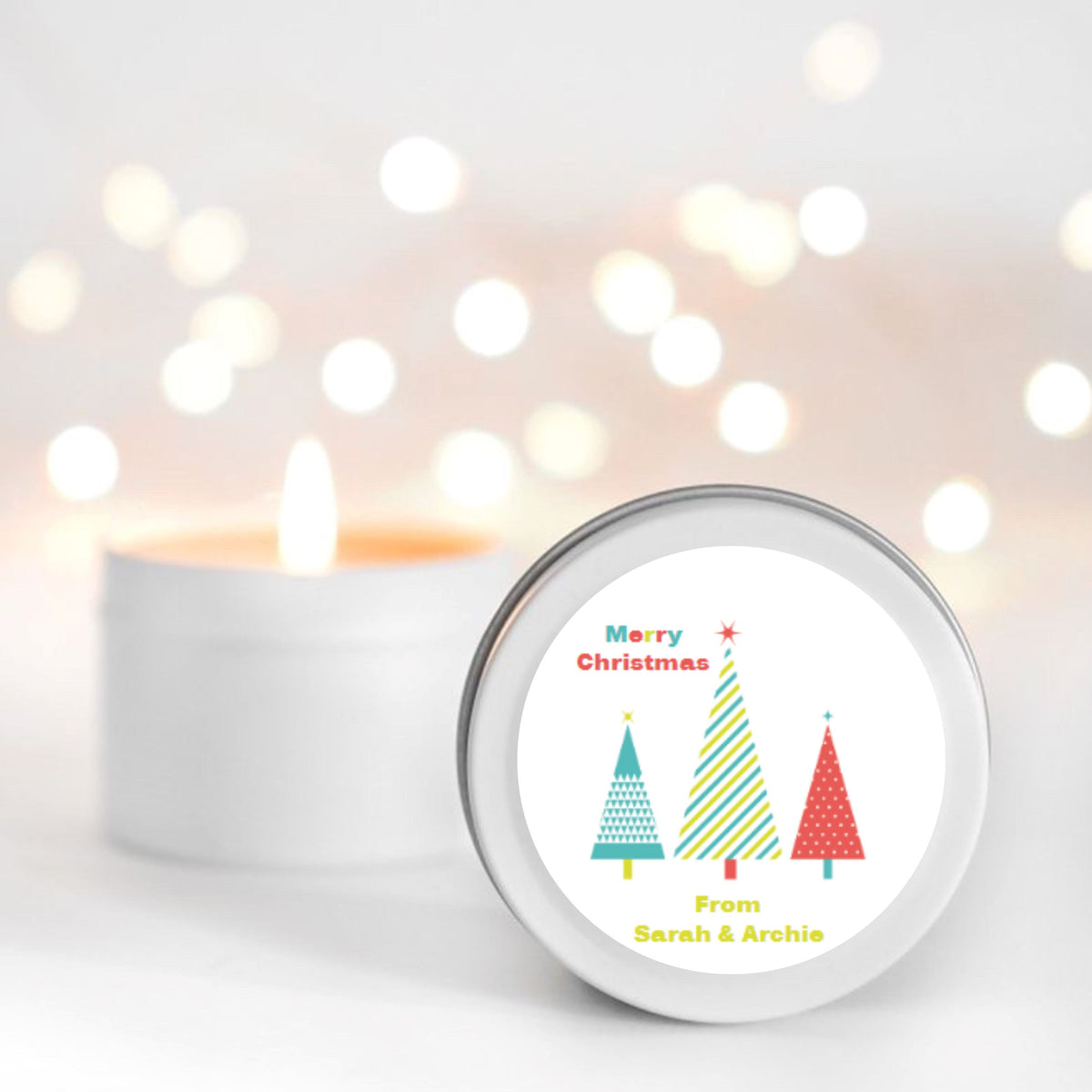 3 Christmas Trees Personalised Candle Small Travel tin Candle RISE The Candle Studio