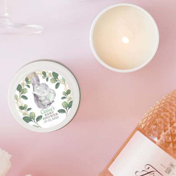 Baby Shower Greenery Elephant Candle Favours | Personalisation | 10-12 hours burn time | Soy Wax Candle RISE The Candle Studio