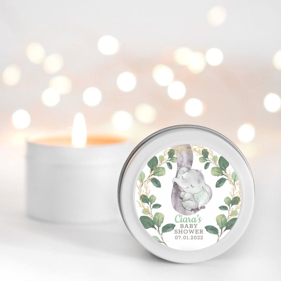 Baby Shower Greenery Elephant Candle Favours | Personalisation | 10-12 hours burn time | Soy Wax Candle RISE The Candle Studio
