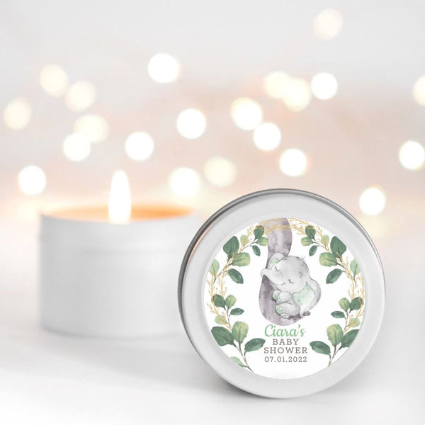 Baby Shower Greenery Elephant Candle Favours | Personalisation | 10-12 hours burn time | Soy Wax Candle RISE The Candle Studio