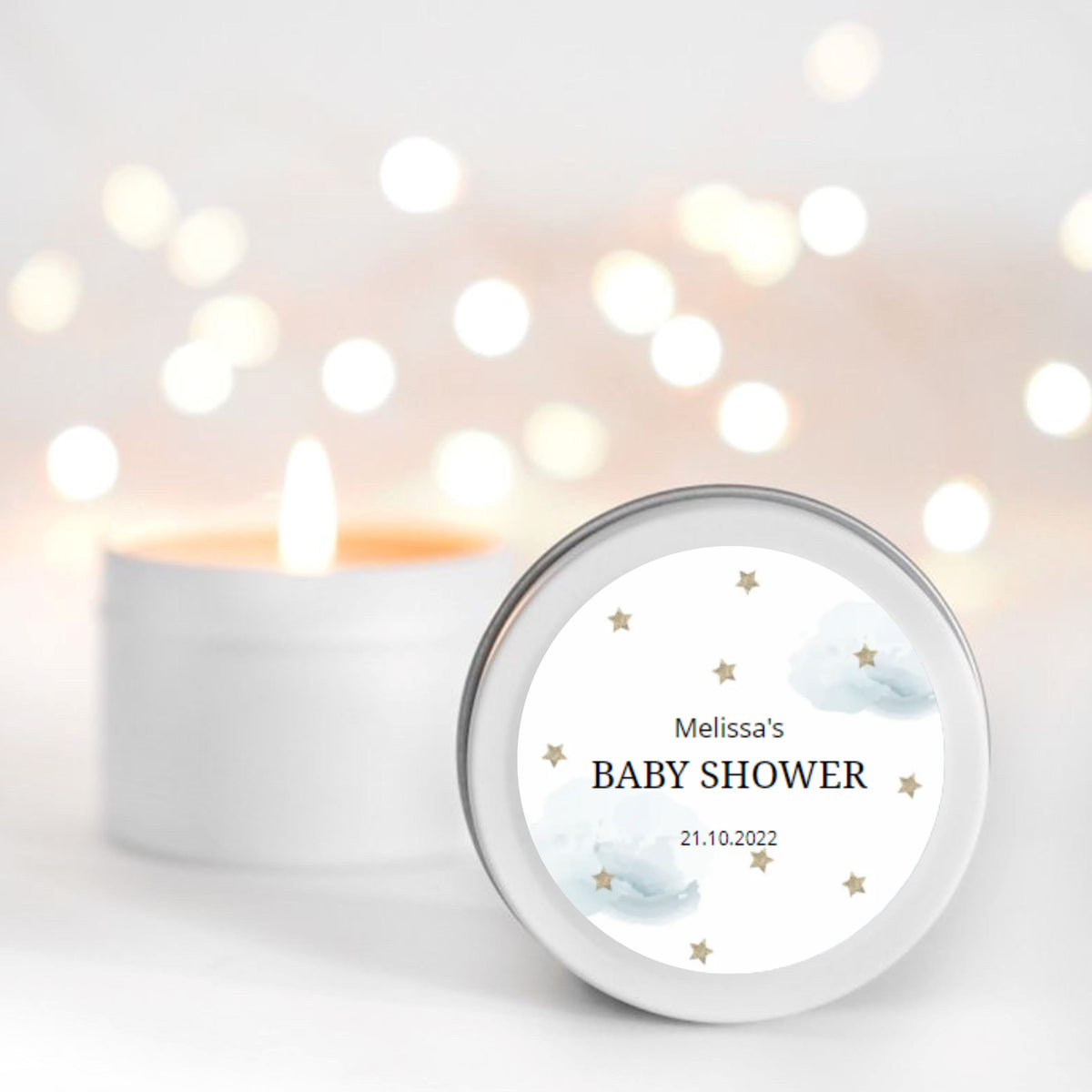 Blue Clouds & Stars Baby Shower Candle Favour for boys Candle RISE The Candle Studio