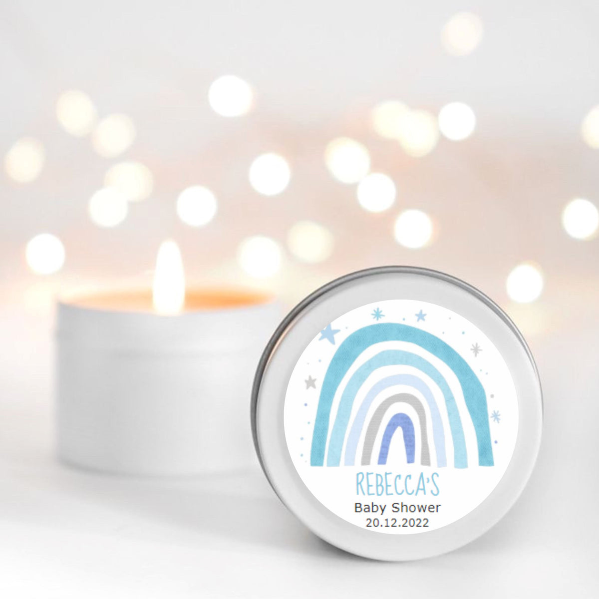 Blue Rainbow & Stars Baby Shower Candle Favour for boys Candle RISE The Candle Studio
