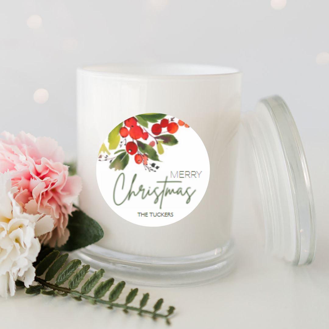 Christmas Holly Personalised Candle Large White Glassware Candle RISE The Candle Studio