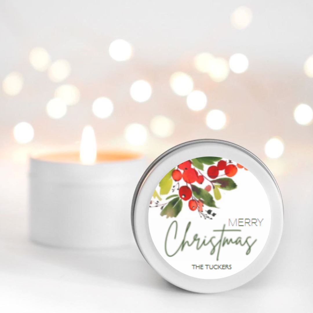 Christmas Holly Personalised Candle Small Travel tin Candle RISE The Candle Studio