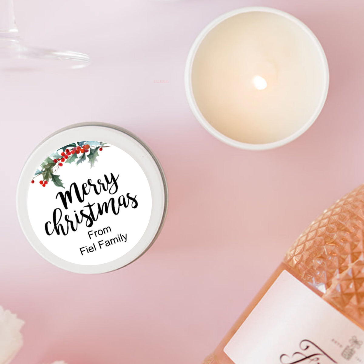 Christmas Holly Top Personalised Candle Small Travel tin Candle RISE The Candle Studio