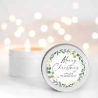 Christmas Wreath Personalised Candle Small Travel tin Candle RISE The Candle Studio