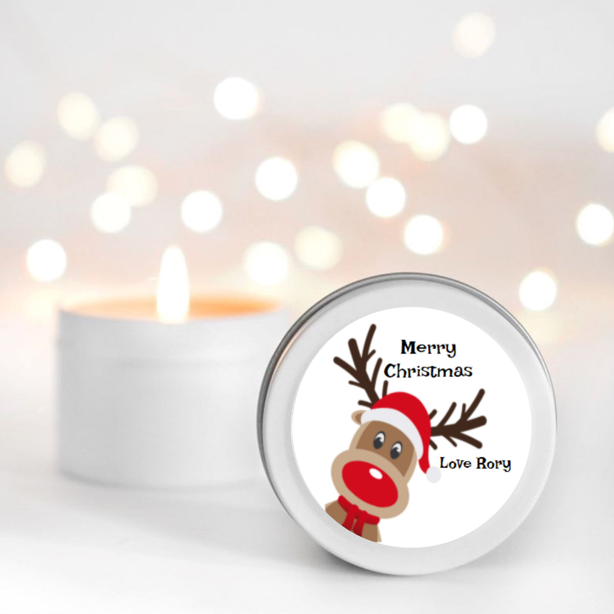 Cute Reindeer Personalised Candle Small Travel tin Candle RISE The Candle Studio