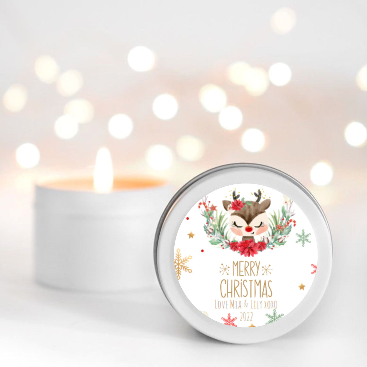 Cute Reindeer Personalised Candle Small Travel tin | teachers gifts Candle RISE The Candle Studio