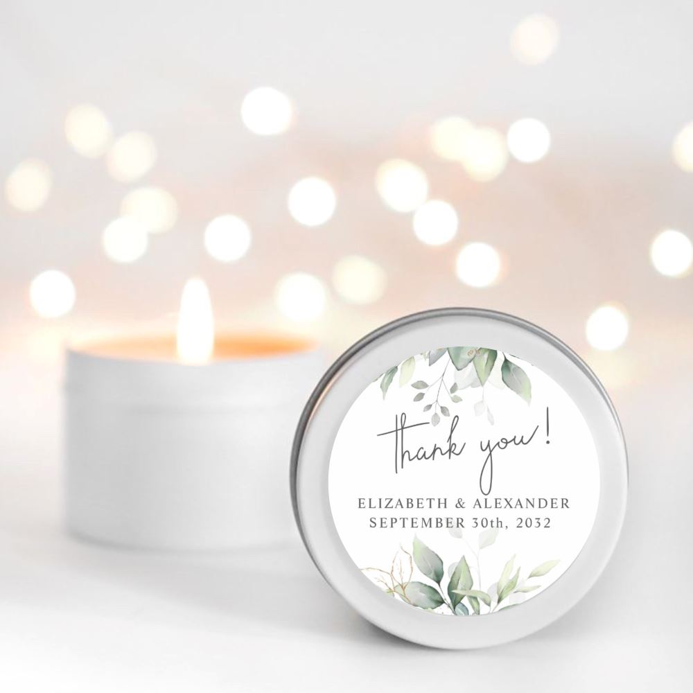 Elegant greenery eucalyptus personalised candle favour RISE The Candle Studio