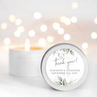 Elegant greenery eucalyptus personalised candle favour RISE The Candle Studio