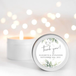Elegant greenery eucalyptus personalised candle favour RISE The Candle Studio