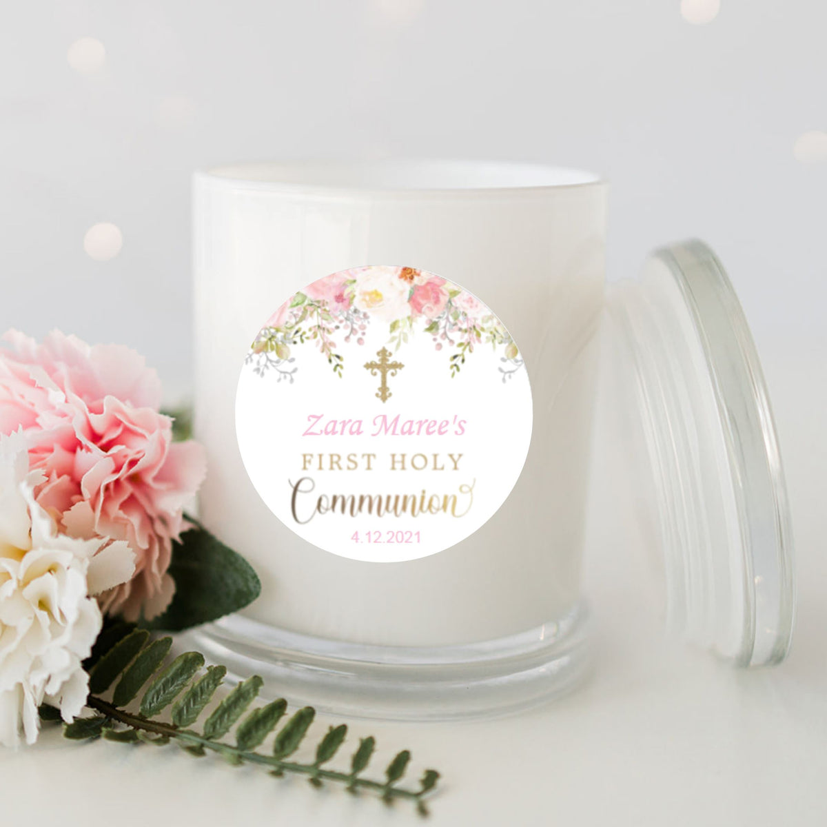 First Holy Communion Candle Pink Large Glassware | Personalised Candle RISE The Candle Studio