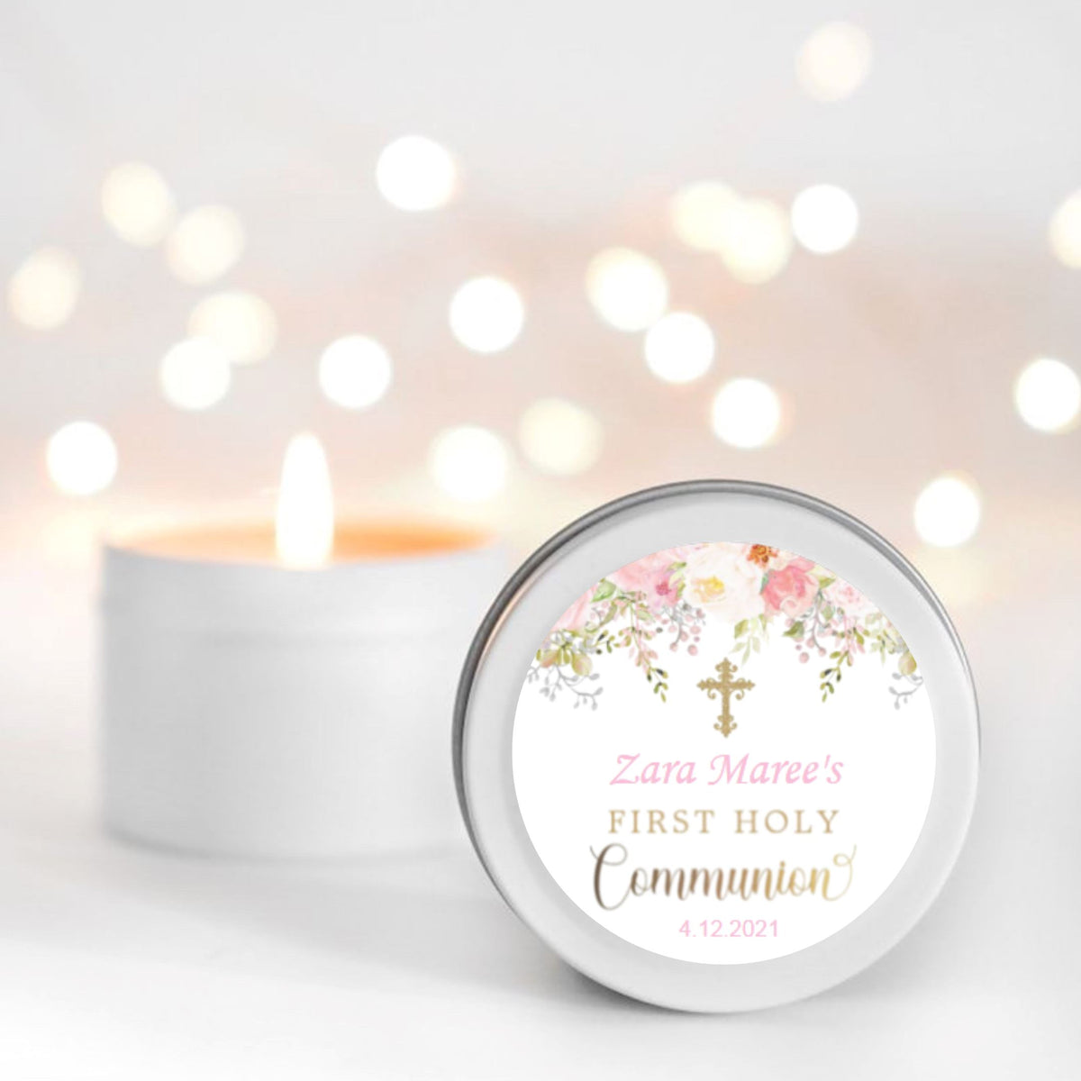 First Holy Communion Candle Pink | Personalised Gift | Small Tin | 10-12 hours burn time | Soy Wax Candle RISE The Candle Studio