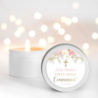 First Holy Communion Candle Pink | Personalised Gift | Small Tin | 10-12 hours burn time | Soy Wax Candle RISE The Candle Studio