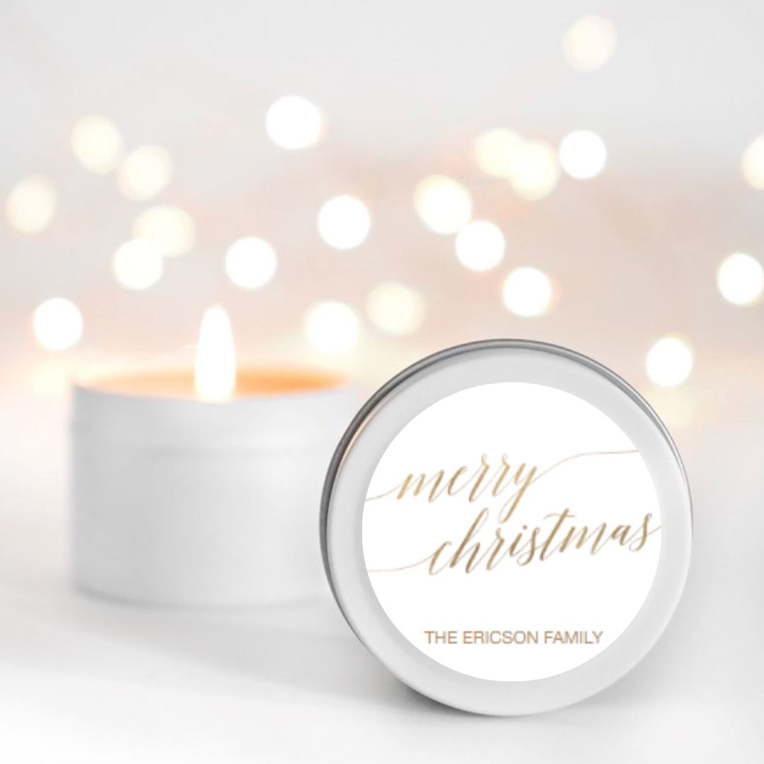 Gold Merry Christmas Personalised Candle Small Travel tin Candle RISE The Candle Studio