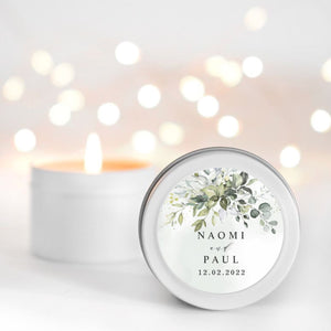 Greenery, Eucalyptus & a succulent over a dusty blue watercolor candle favour| personalisated design Candle RISE The Candle Studio