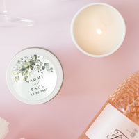 Greenery, Eucalyptus & a succulent over a dusty blue watercolor candle favour| personalisated design Candle RISE The Candle Studio