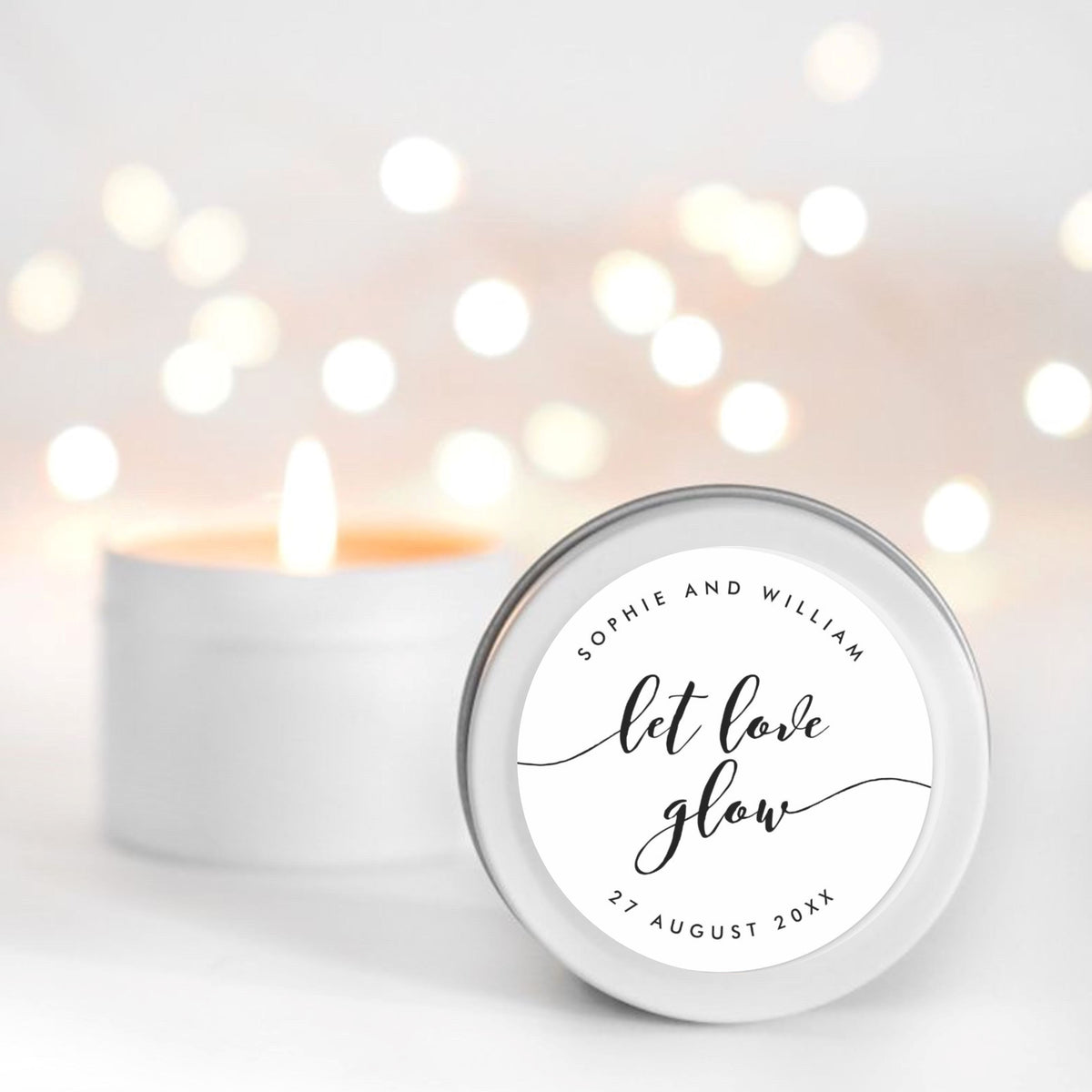 Let love glow personalised candle favours RISE The Candle Studio