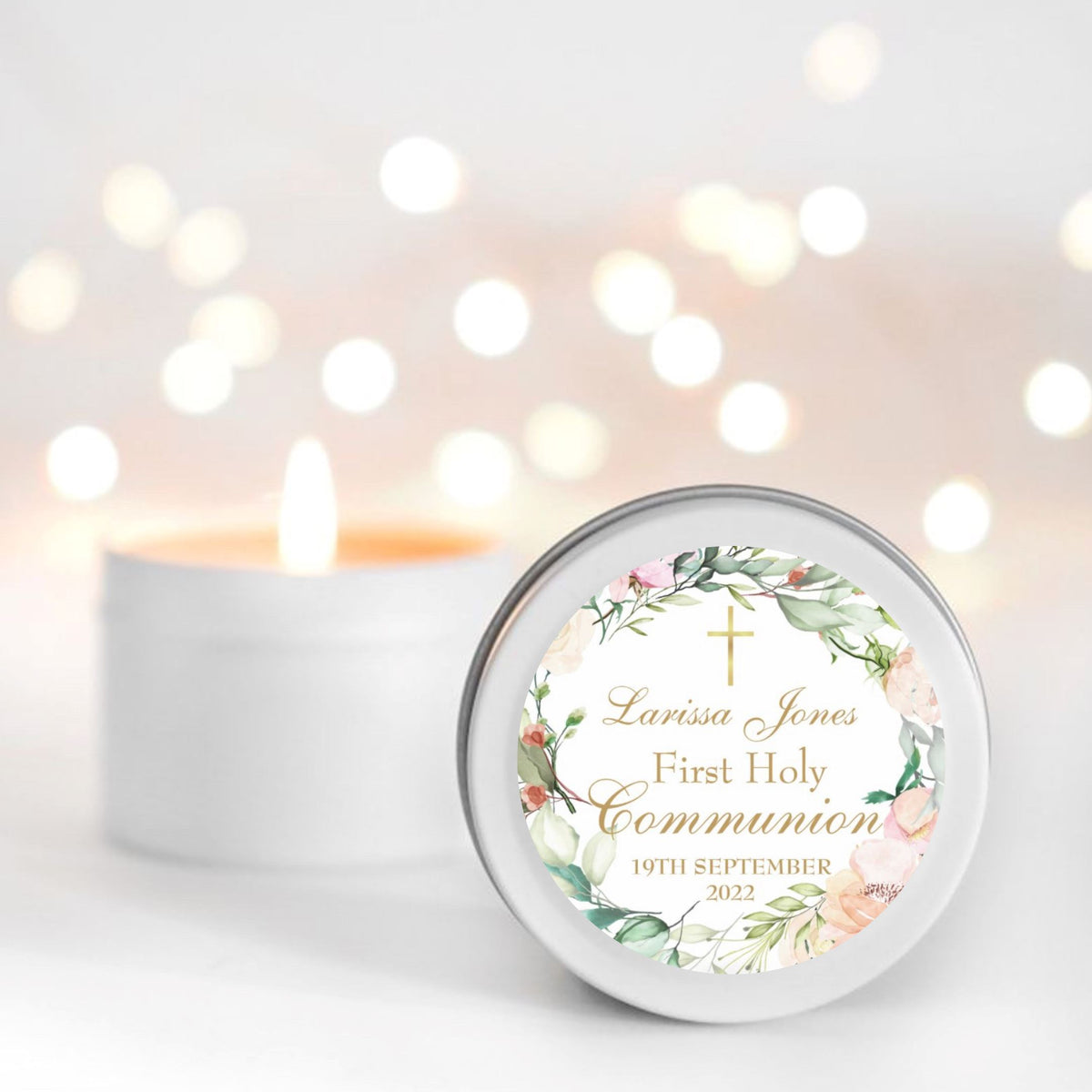 Peach First Holy Communion Scented Candle Favour for girls | Personalised | 10-12 hours burn time | Soy Wax Candle RISE The Candle Studio