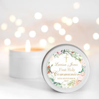 Peach First Holy Communion Scented Candle Favour for girls | Personalised | 10-12 hours burn time | Soy Wax Candle RISE The Candle Studio