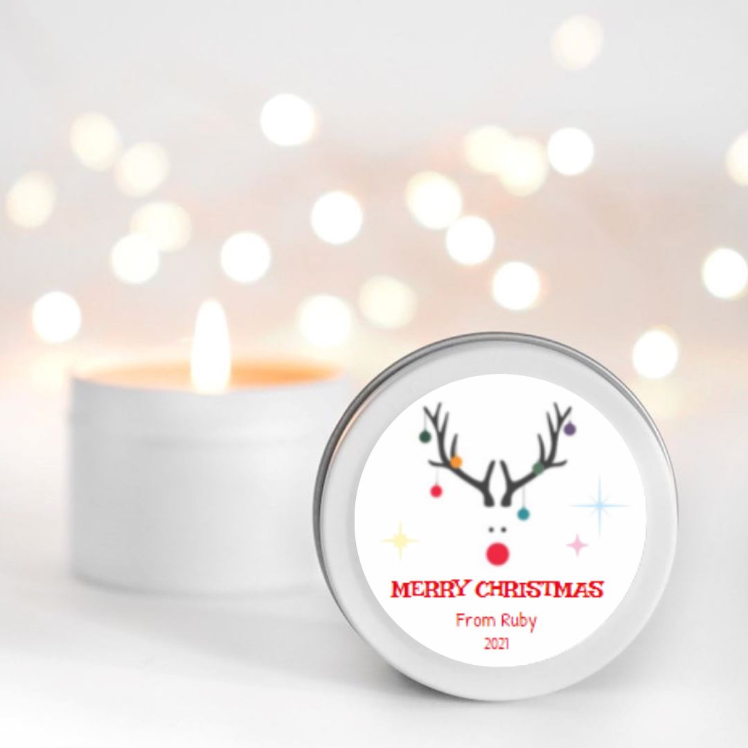 Red nose Reindeer Christmas Personalised Candle Small Travel tin Candle RISE The Candle Studio