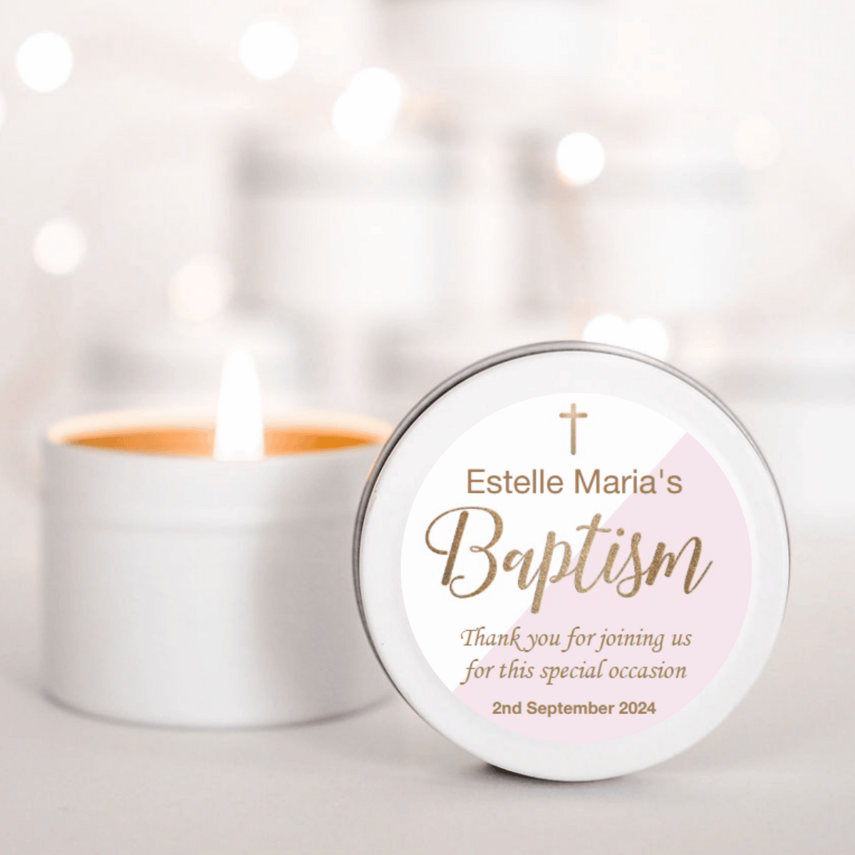 Pink and gold baptism Personalised Scented Candle Favour