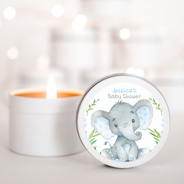 Baby Shower Candle favour with Blue Baby elephant and flowers 