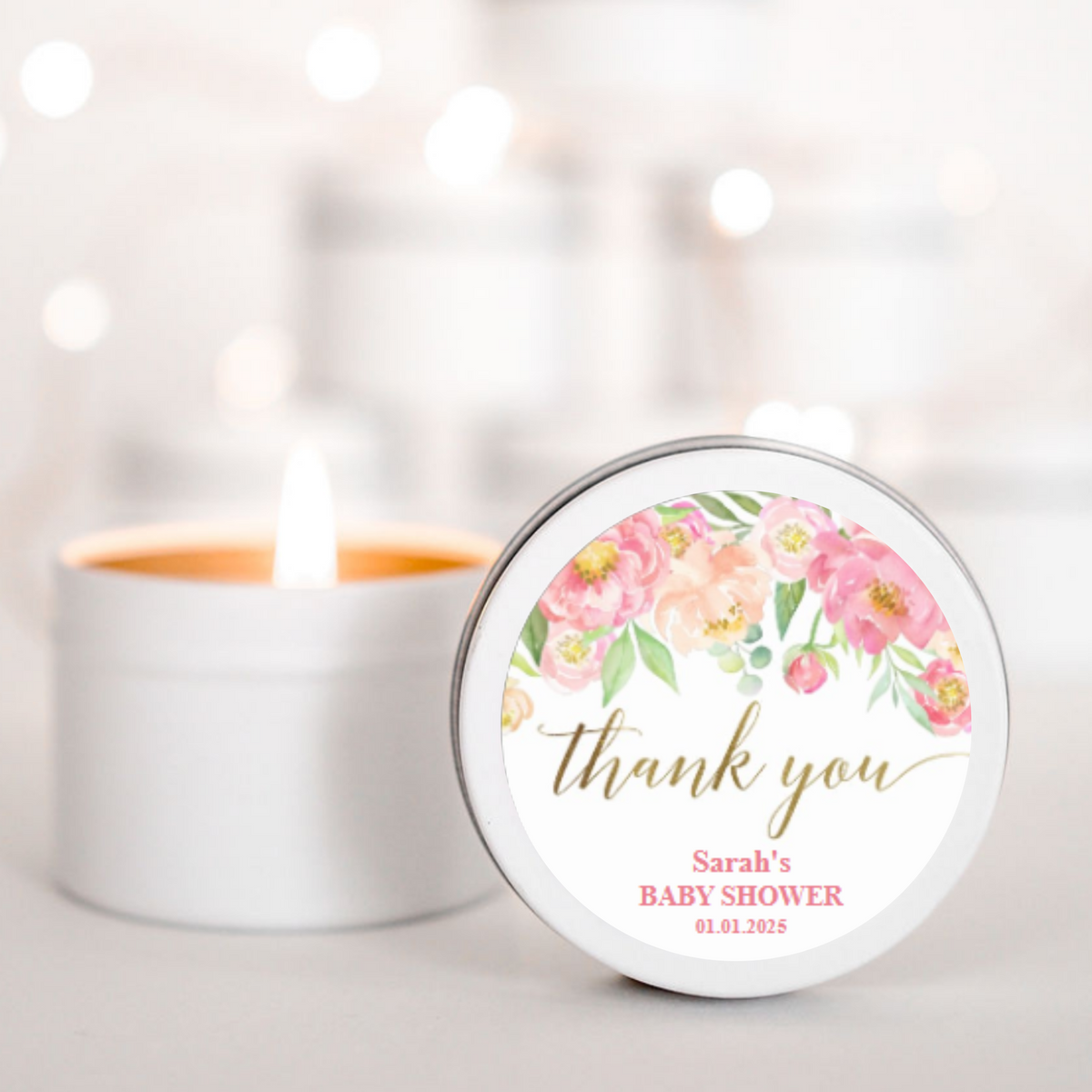 Pink Flowers and Gold Thank you Baby Shower Personalised Scented Candle Favour