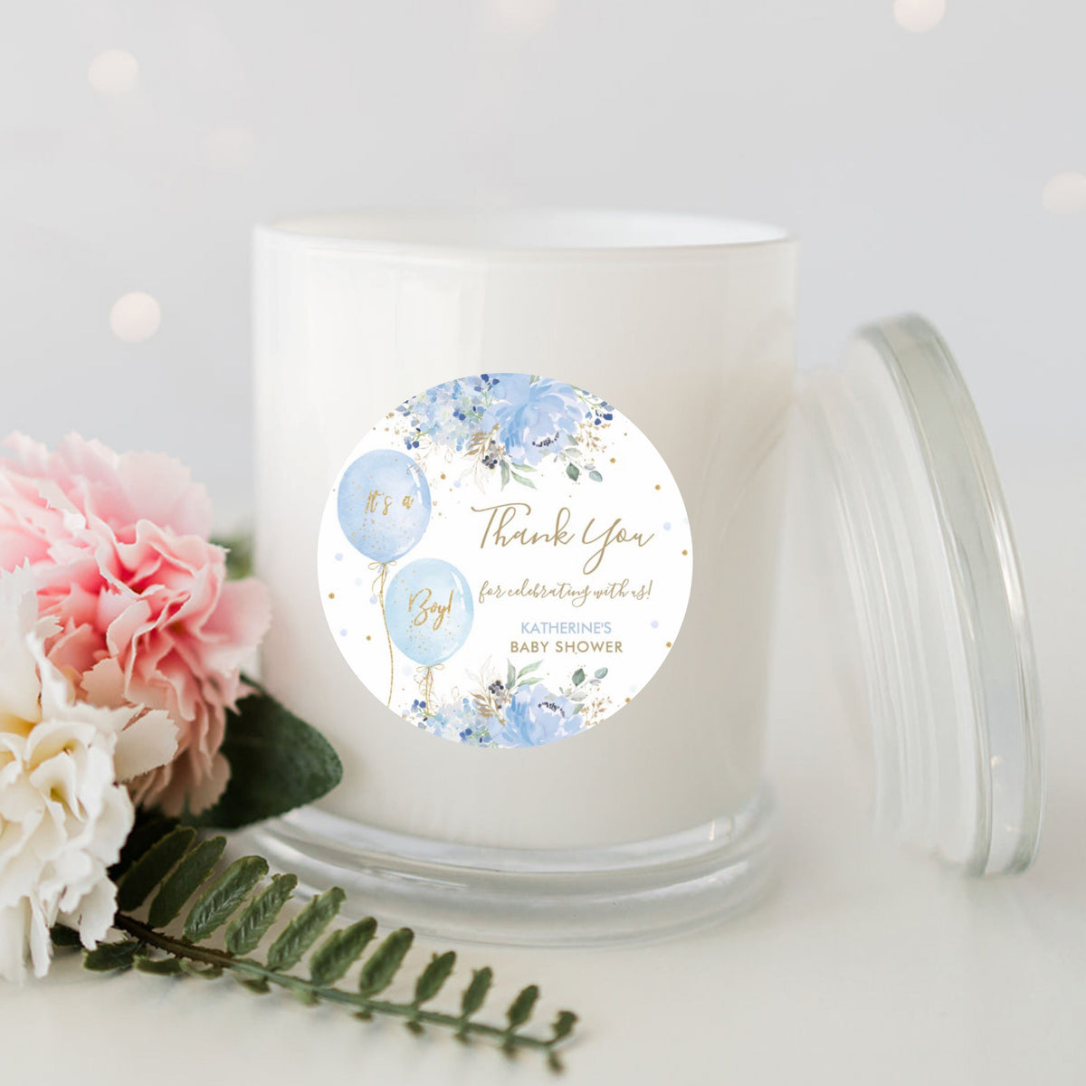 Baby Shower Blue Balloon Personalised Candle Large White Glassware Candle RISE The Candle Studio 