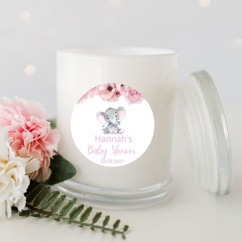 Baby Shower Pink Elephant Personalised Candle Large White Glassware Candle RISE The Candle Studio 
