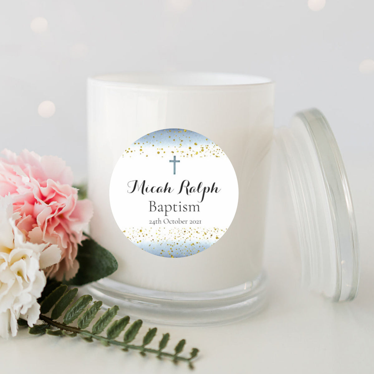 Blue Baptism Personalised Candle Large White Glassware Candle RISE The Candle Studio 