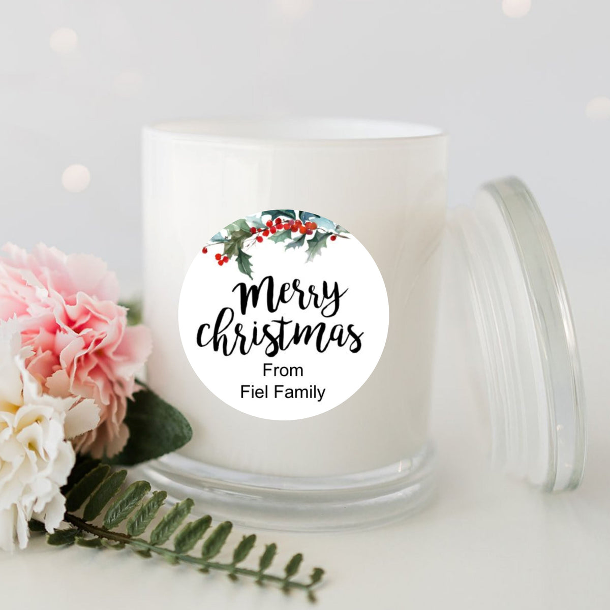 Christmas Holly Top Personalised Candle Large White Glassware Candle RISE The Candle Studio 