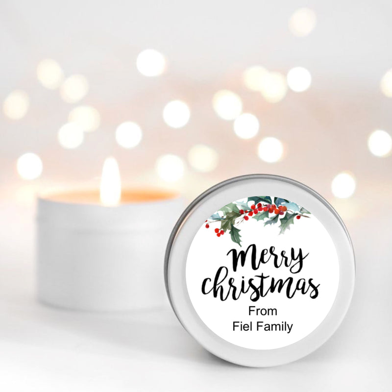 Christmas Holly Top Personalised Candle Small Travel tin Candle RISE The Candle Studio 