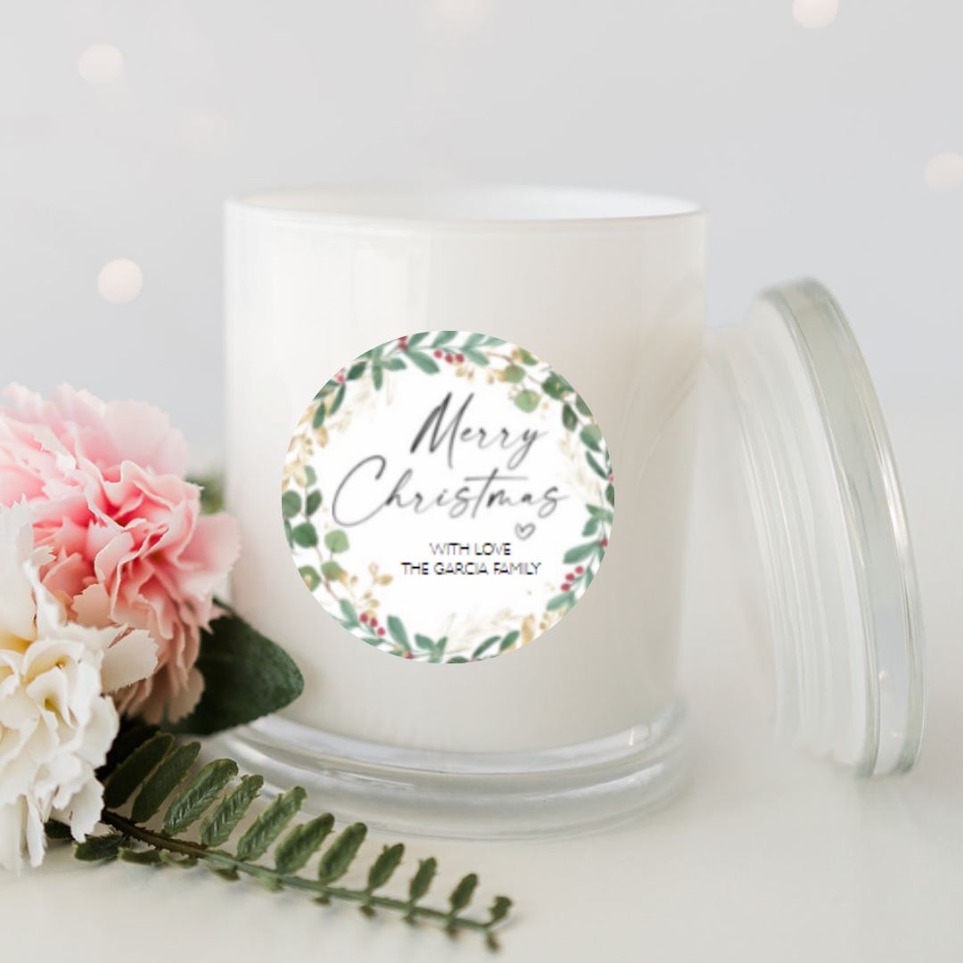 Christmas Wreath Personalised Candle Large White Glassware Candle RISE The Candle Studio 