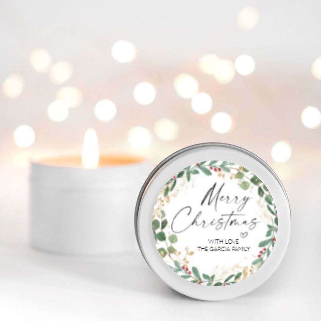 Christmas Wreath Personalised Candle Small Travel tin Candle RISE The Candle Studio 
