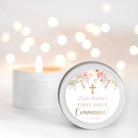 First Holy Communion Candle Pink | Personalised Gift | Small Tin | 10-12 hours burn time | Soy Wax Candle RISE The Candle Studio 