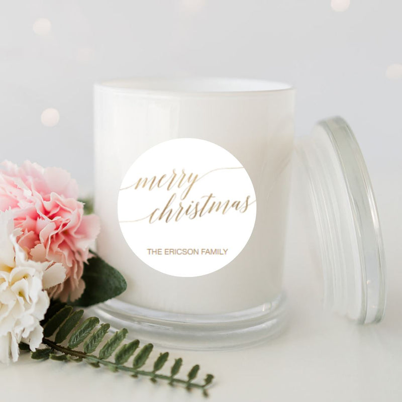 Gold Merry Christmas Personalised Candle Large White Glassware Candle RISE The Candle Studio 