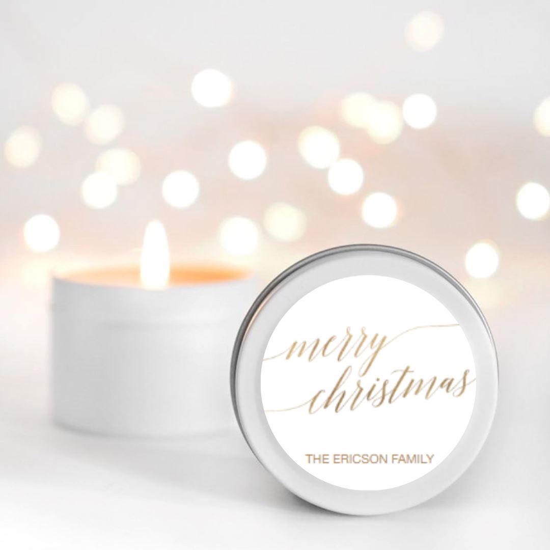 Gold Merry Christmas Personalised Candle Small Travel tin Candle RISE The Candle Studio 