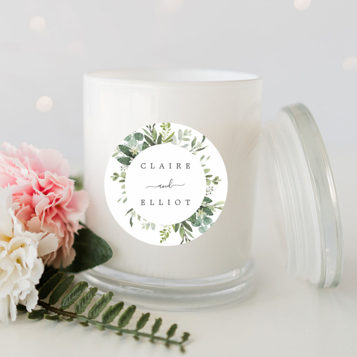 Greenery Wedding Personalised Candle Large White Glassware Candle RISE The Candle Studio 