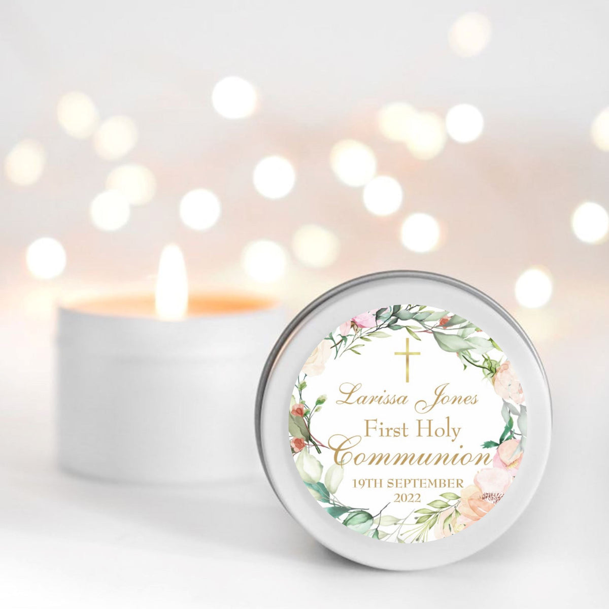 Peach First Holy Communion Scented Candle Favour for girls | Personalised | 10-12 hours burn time | Soy Wax Candle RISE The Candle Studio 