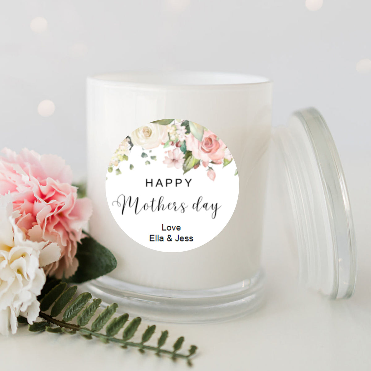 Pink Flowers Mother's Day Personalised Candle Large White Glassware Candle RISE The Candle Studio 