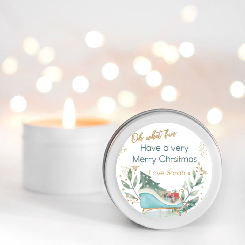 Santa's Slay Oh What fun Personalised Candle Small Travel tin Candle RISE The Candle Studio 